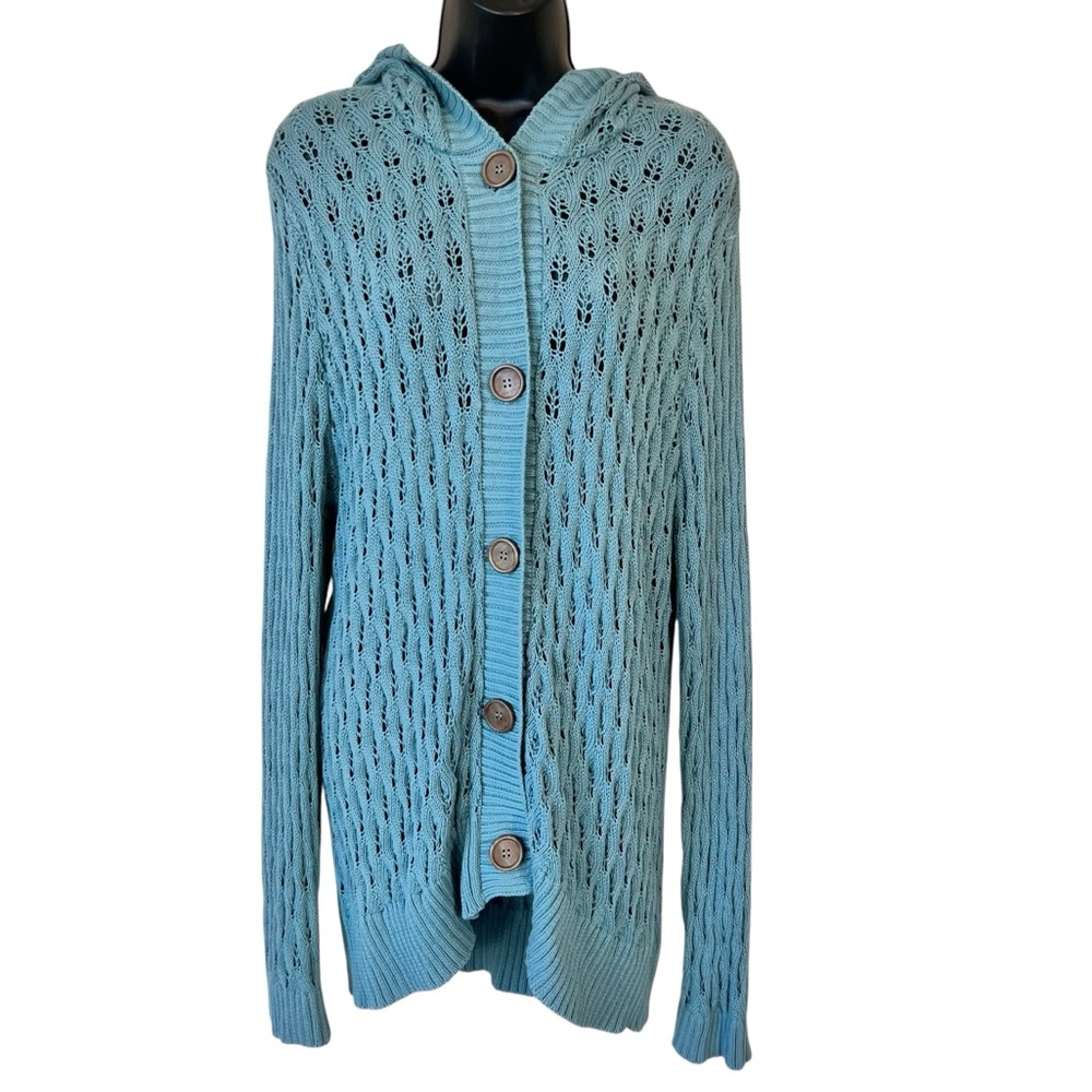 Evy's Tree The Bernadette open knit hooded cardigan in light blue